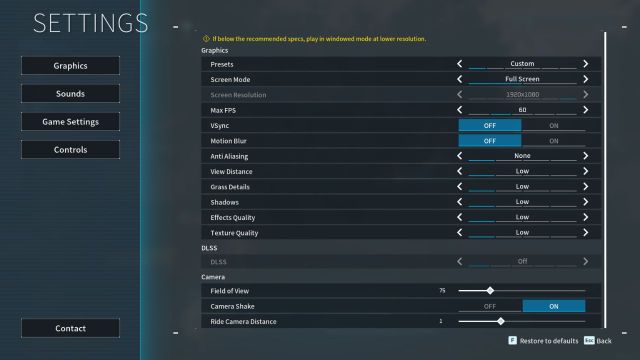 A screenshot of the Graphics Settings screen in Palword showing everything on Low.