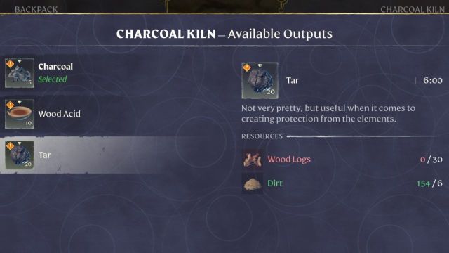 A screenshot of the Charcoal Kiln recipes highlighting the Tar recipe.