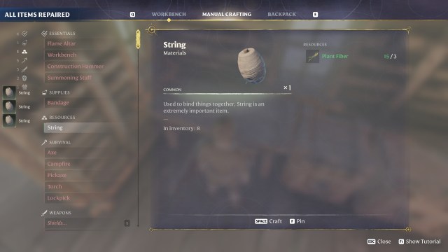 The crafting page for String.