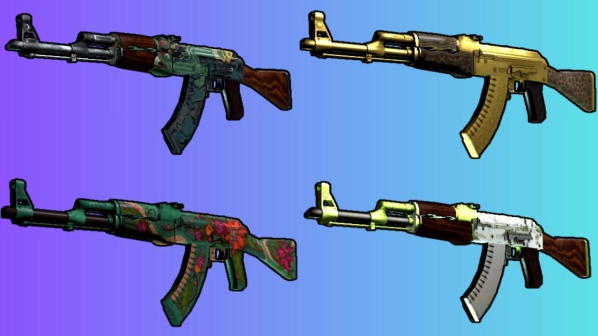 Four rare AK-47 CS2 skins in a montage, one in each corner of a rectangle, over a pink and blue radiant background.