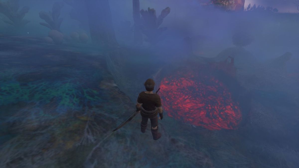 A screenshot of the player character standing in the shroud staring at a red pit.