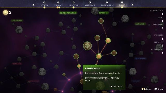 A screenshot of Enshrouded's skill tree highlighting an Endurance node.