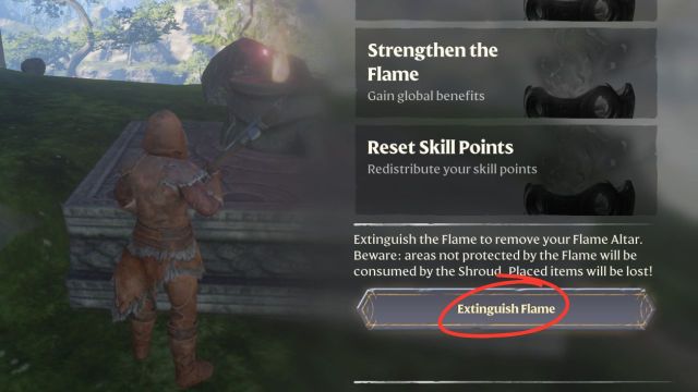 A screenshot of Enshrouded showing the Flame Altar menu with the option to extinguish flame highlighted by a red circle.