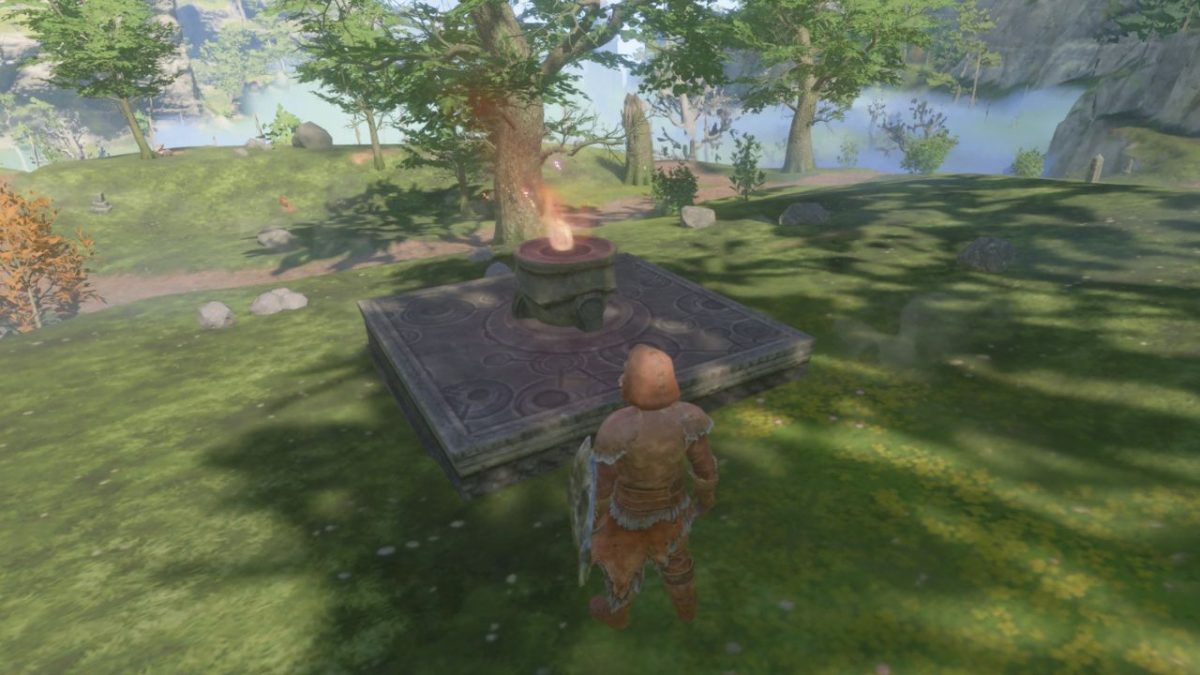 A screenshot of Enshrouded showing the player character in front of a Flame Altar.