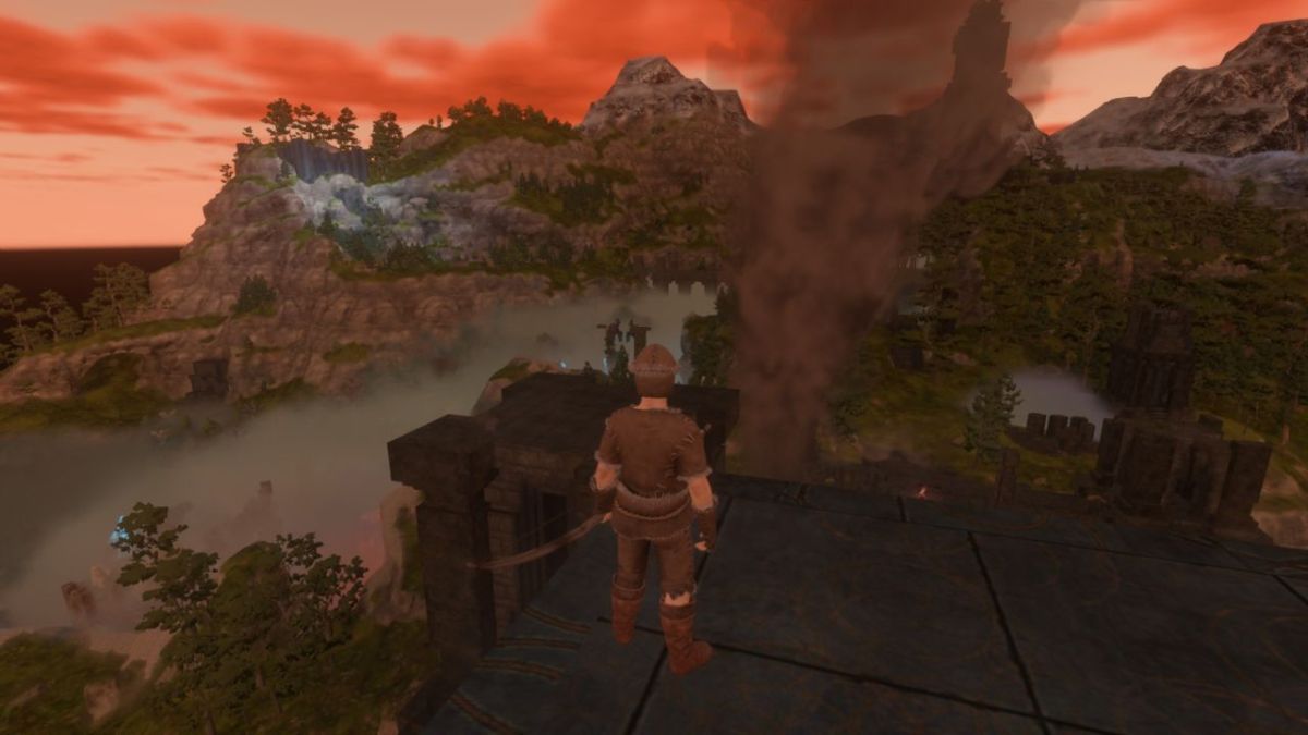 An Enshrouded screenshot showing the player character on top of a tall structure, looking down on the world.