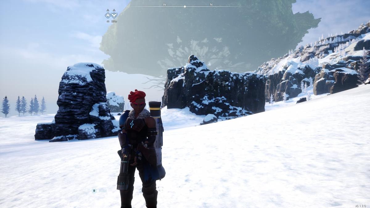 A player stands in a snow-covered biome in Palworld.