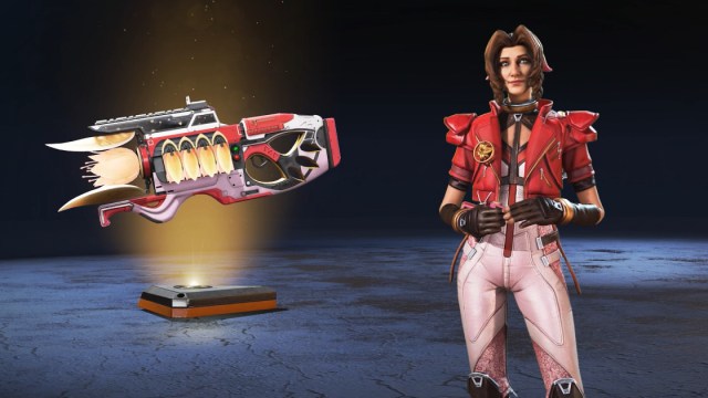 Horizon skin with pink pants, red jacket, fingerless leather gloves, and brown hair next to matching Charge Rifle skin.