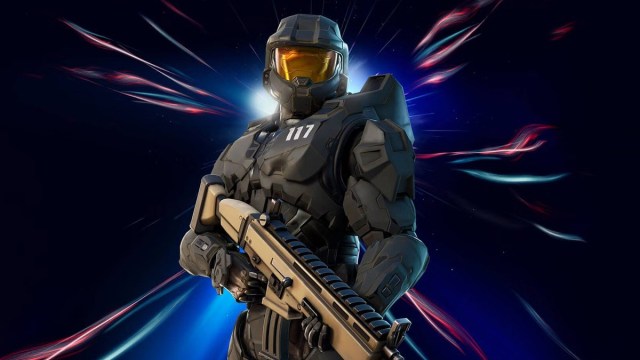 Master Chief from Halo wearing black armor and wielding a rifle in Fortnite.
