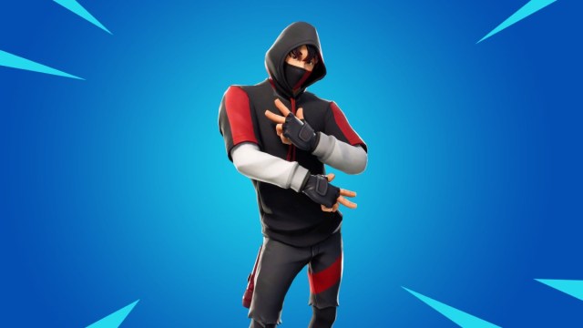 Fortnite skin in a red and black hoodie with a face mask