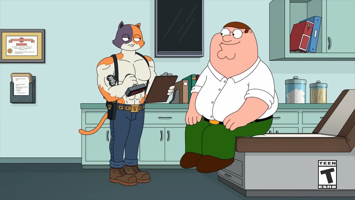 Peter Griffin and Meowscles during physical examination