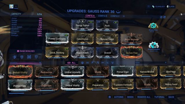 A screenshot of a Thermal Sunder build for Gauss Prime in Warframe.