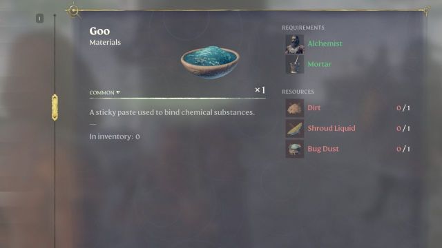 A screenshot of the crafting window of Enshrouded showing the Goo recipe.