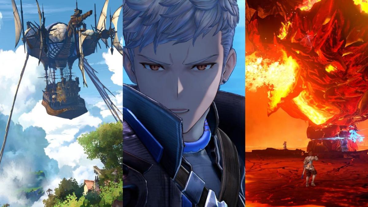 Three-image grid from Granblue Fantasy: Relink featuring an airship in the sky, a close-up of a character, and a battle against a fiery dragon.