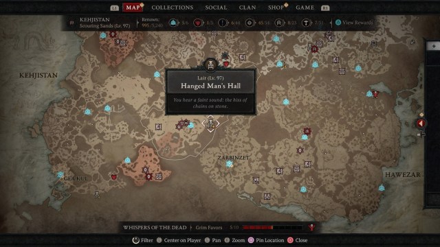 a map showing the hanged man's hall location in kehjistan in diablo 4