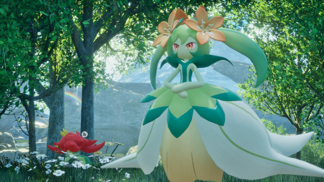 A screenshot of a green Pal standing in a forest in Palworld