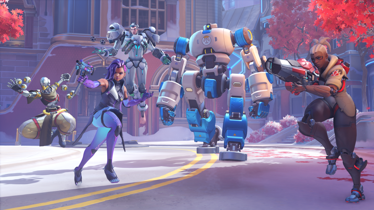 Sojourn, Sigma, Sombra and Zenyatta attacking around a robot in Overwatch 2.