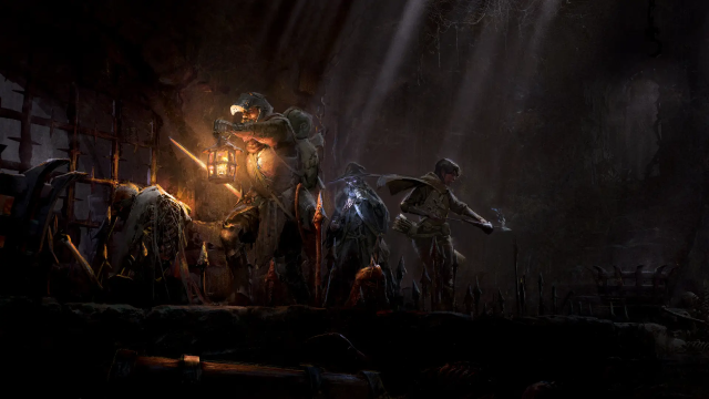 Dark and Darker official art, featuring a few characters in gloomy sewers.