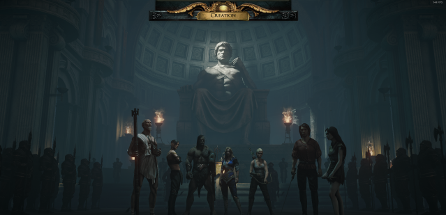 The character creation screen in Path of Exile, with the seven main characters displayed standing in front of a giant statue.