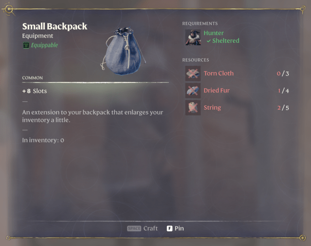 The recipe for a Small Backpack in Enshrouded.