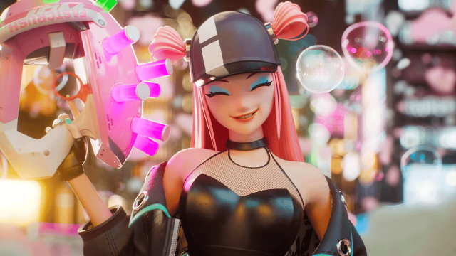 A player with pink hair holds up a unique foam weapon while smiling in front of a city in Foamstars.
