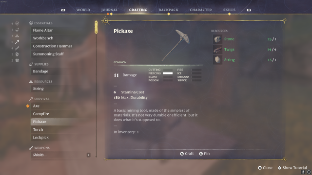 The Enshrouded user menu showing the recipe for a basic pickaxe.