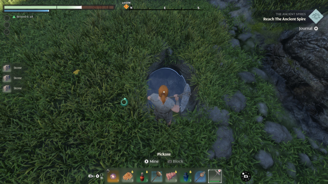 A player in Enshrouded digs a hole in the ground with a pickaxe.