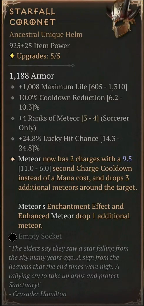 The tooltip for the Starfall Coronet Unique, as shown on the pre-season 3 devstream.