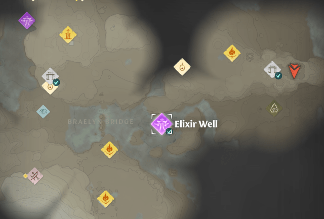 The Hunter's location on the map in Enshrouded, focused on the Elixir Well for directions.