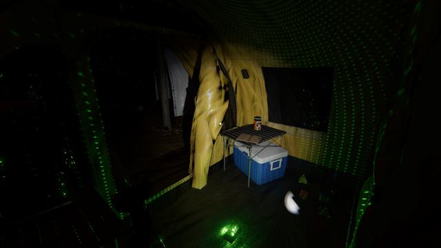 The player looking at a ghost room inside a tent with equipment set up in it in Phasmophobia.