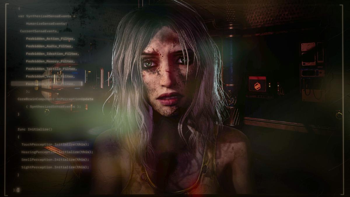 A silver-haired woman appears on screen talking to the protagonist of Judas.