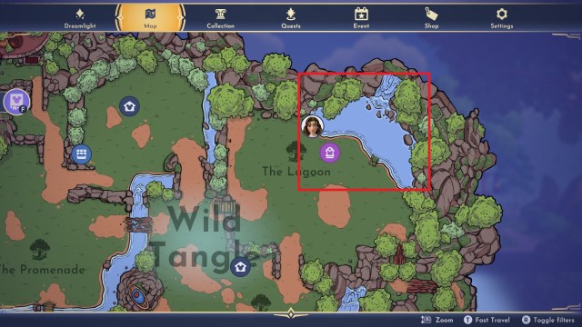 A map of The Lagoon with the pond circled.