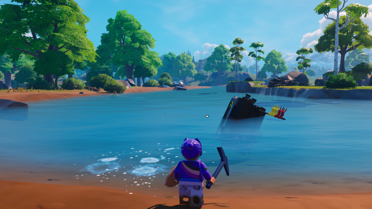 A boat sinking in a lake in LEGO Fortnite