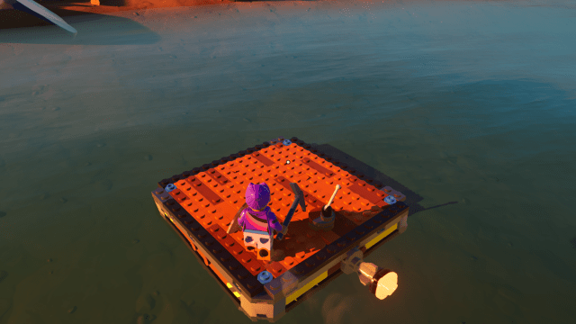 A makeshift boat on the water in LEGO Fortnite.