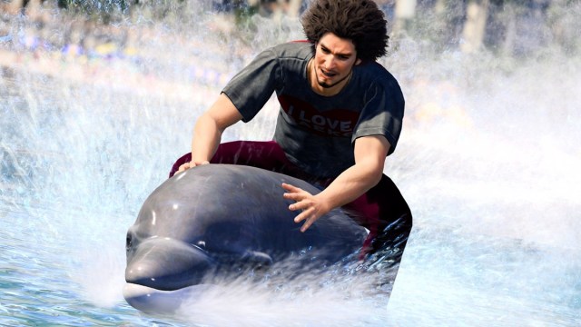 Kasuga riding on a dolphin in Like a Dragon