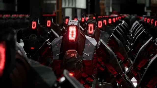 An army of black armed robots standing in a formation