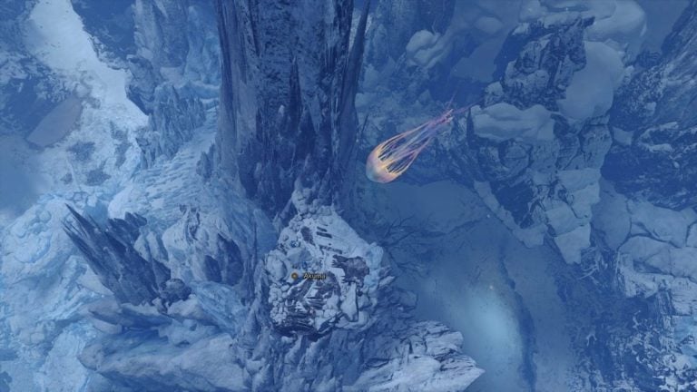 A monster flies above a snowy landscape in Monster Hunter World.