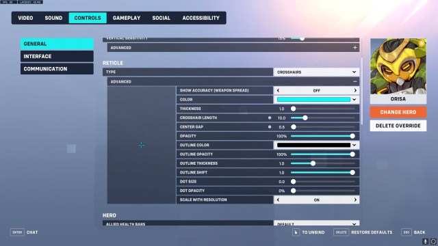 Settings for an Orisa crosshair in Overwatch 2.