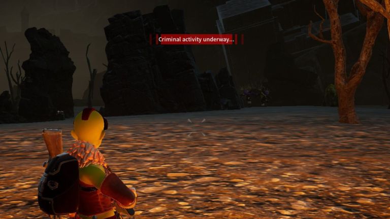 A screenshot of the player character in Palworld with the warning "criminal activity underway" showing on the top center of the screen.