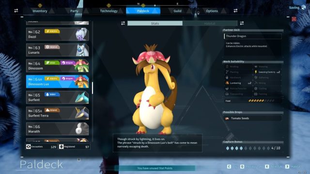 dinossom lux stats in palworld