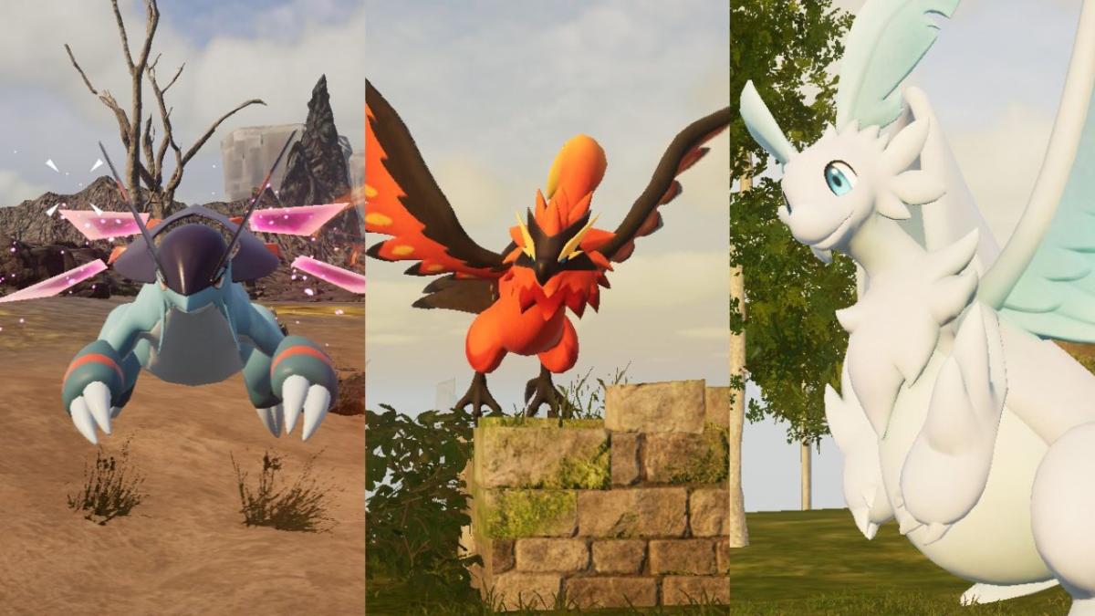 A split-screen image showing Jetragon, Ragnahawk, and Quivern in Palworld.