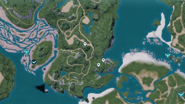 A screenshot of the Palworld map with white markers showing possible spawn locations of Huge Verdant Eggs.