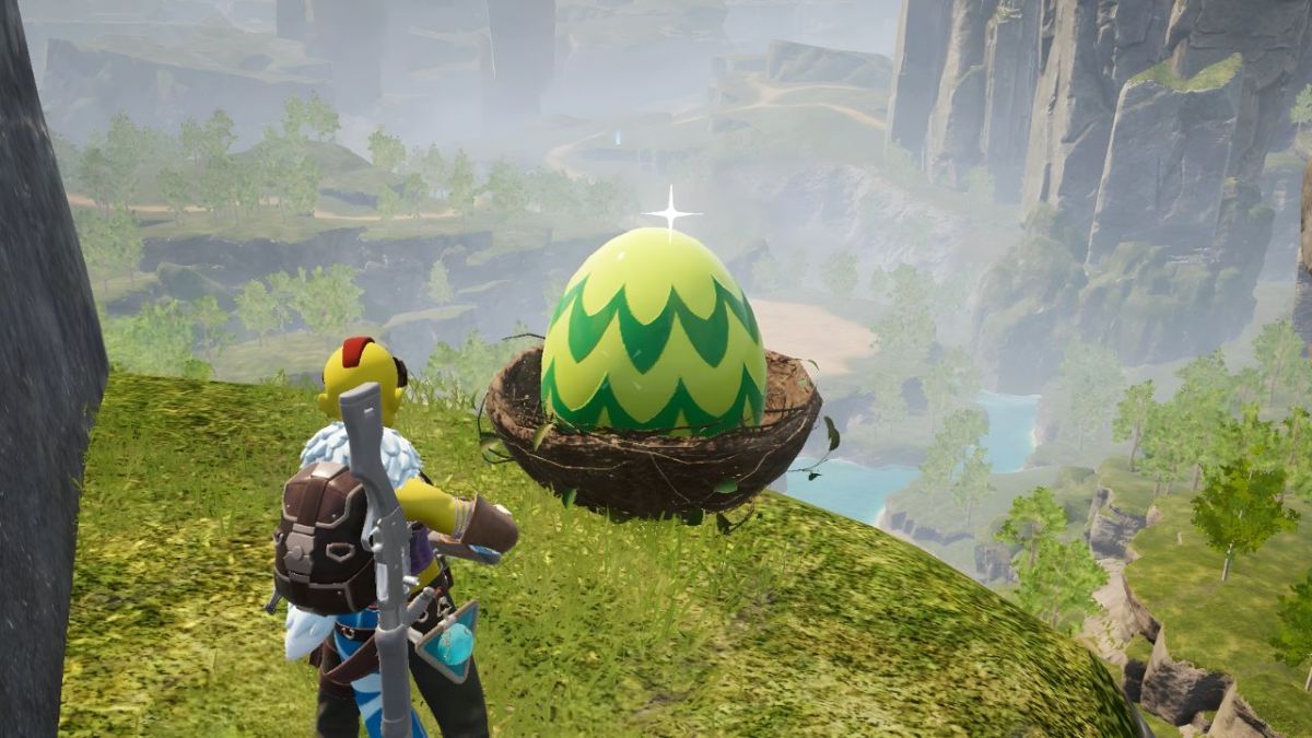 The player character in Palworld standing in front of a Huge Verdant Egg in its nest.