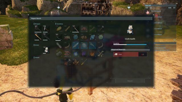 A Palworld screenshot displaying the equipment repair screen with items and materials and a repair interface for a cloth outfit.