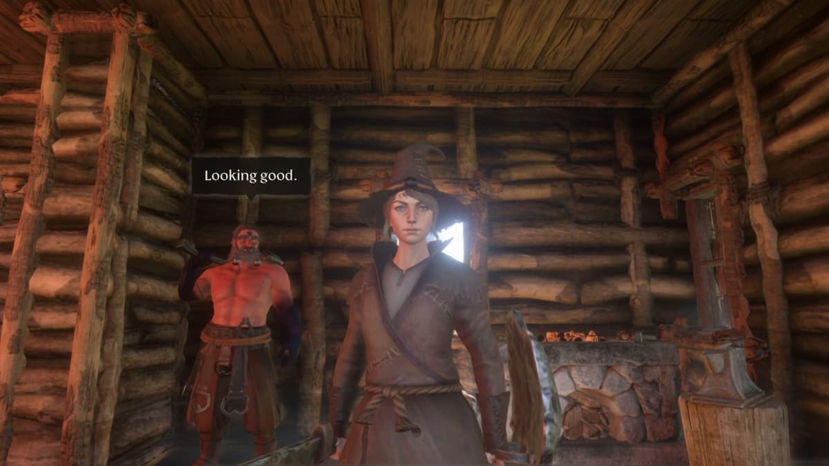 The player standing by the Blacksmith inside a building.