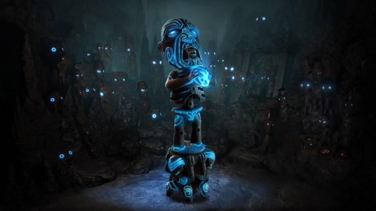 A blue Totem surrounded by smaller blue totems from Path of Exile