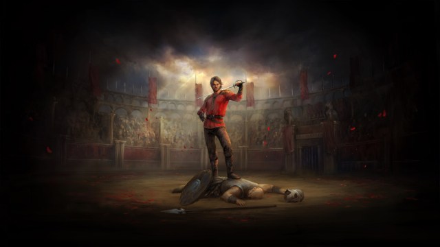 A character stands on top of an enemy with a sword over his shoulder in the middle of an arena in Path of Exile.
