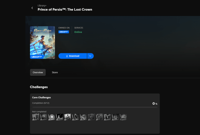 Download page for Prince of Persia: The Lost Crown on the Ubisoft Plus service.