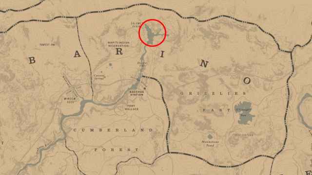 Water body under Calumet Ravine circled on the RDR2 map