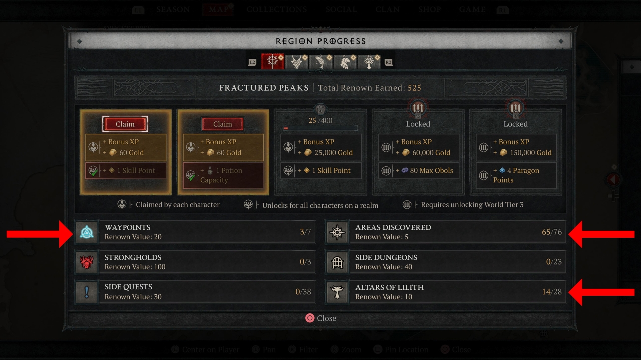 Red arrows pointing to the renown transferring activities in Diablo 4