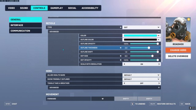 Crosshair settings for Roadhog in Overwatch 2.